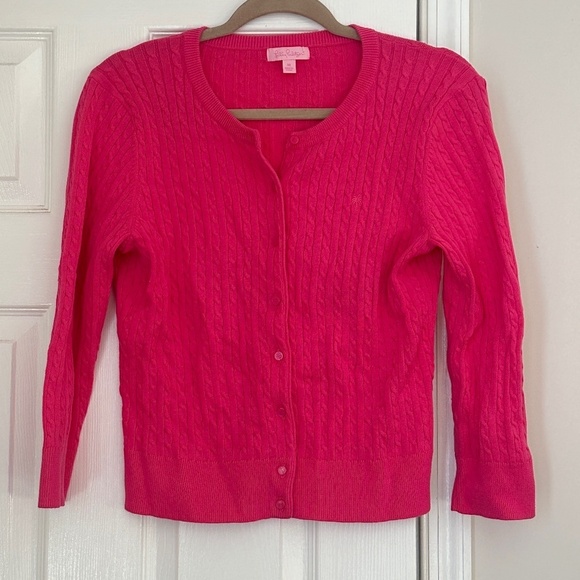 Lilly Pulitzer Sweaters - Lilly Pulitzer Pink 3/4 Sleeve Cardigan Cable Knit Cotton Stretch Classic Preppy
